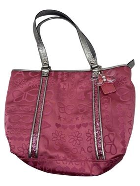 9466 COACH Poppy Pink Signature Tote Bag with Metallic Handles 271889466